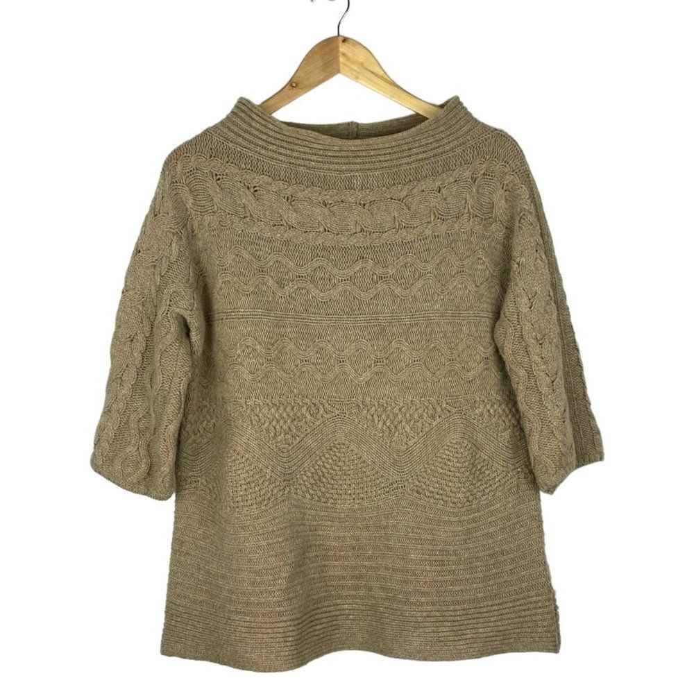 PHASE Eight Women's Brown Wide Neck Cable Knit Wool Blend 3/4 Sleeve Sweater S